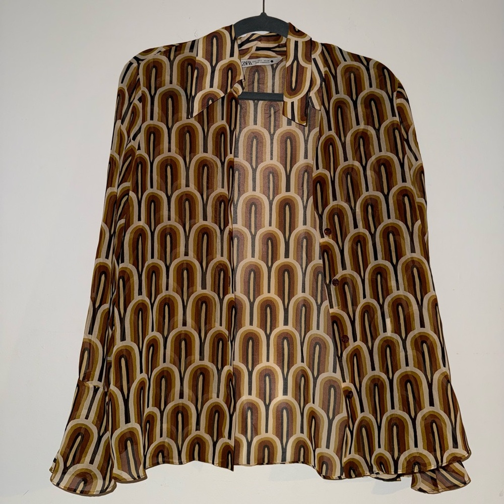 2 piece Zara Brown Patterned Women's Top and Pants Set - Picture 2 of 6